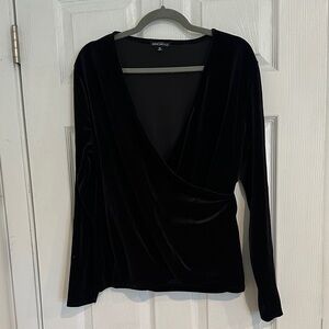 Black Velvet Faux Wrap-Front Long Sleeve Top